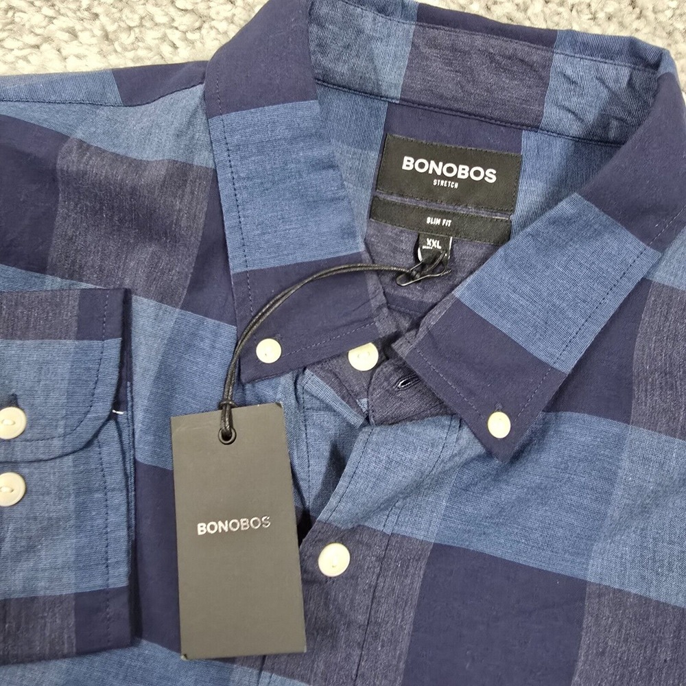 Bonobos Stretch Button Down Shirt Mens XXL Slim Blue Buffalo Check Plaid Preppy